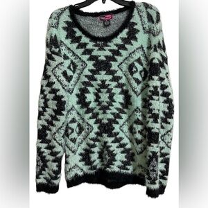 Say What? Mint and Black Fuzzy Aztec Pullover Sweater Size XL Soft & Cozy